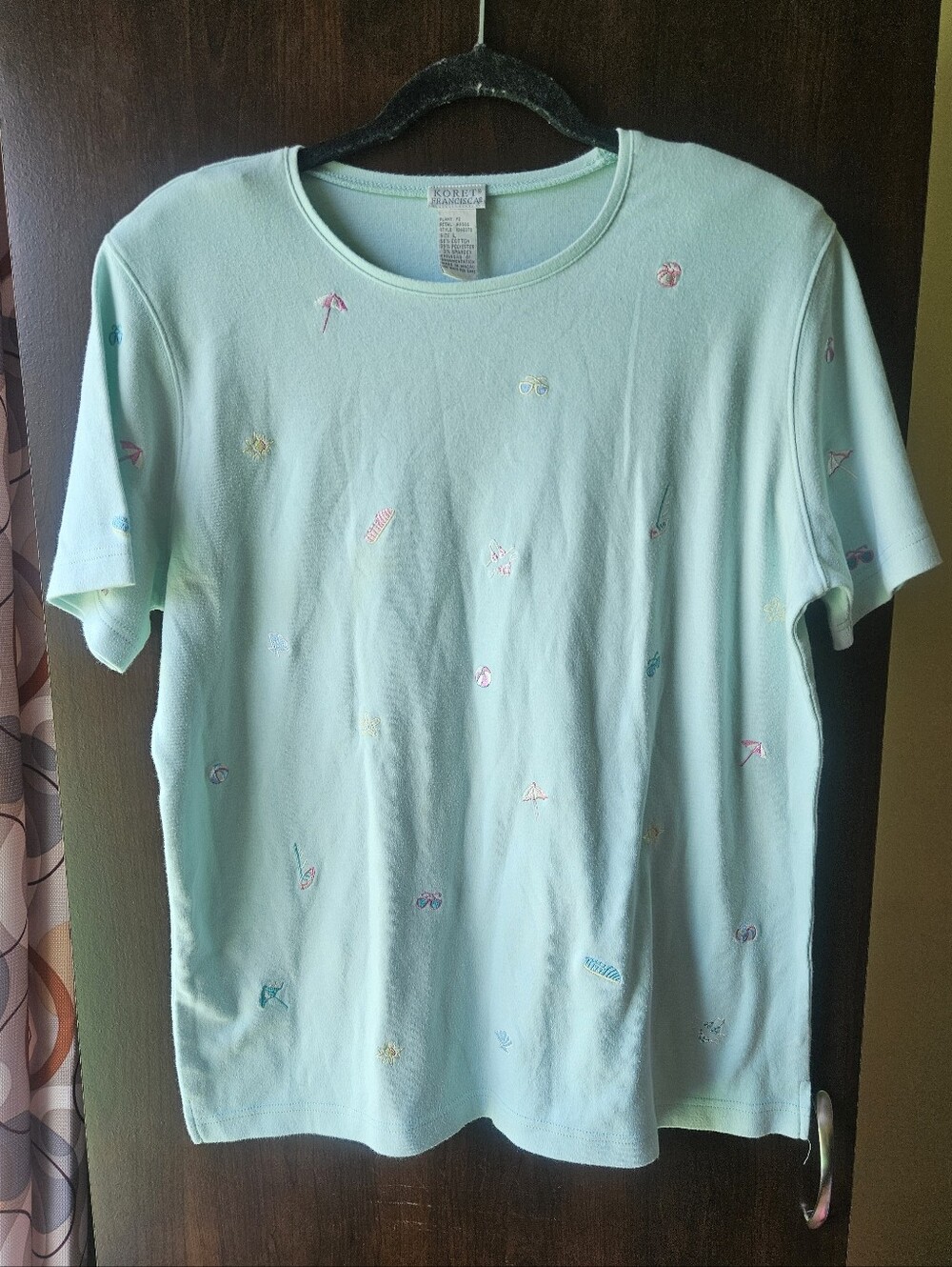 Vintage Koret Francisca Light Aqua Embroidered Tee with Beach Design Size Large